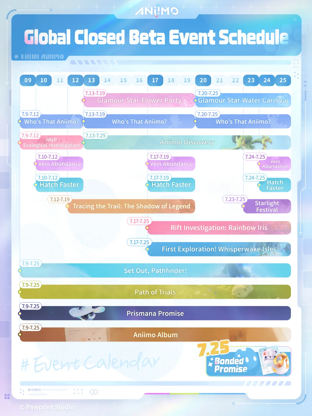 Official Aniimo Global Closed Beta event schedule calendar from July 2026